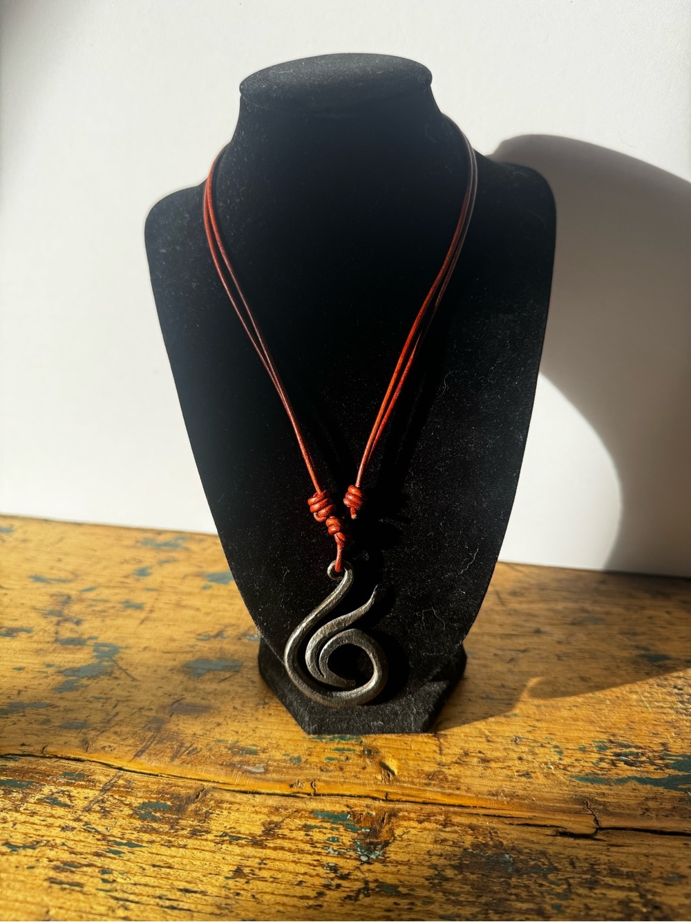Handcrafted Brown Leather Like Cord Necklace with Swirl Pendant